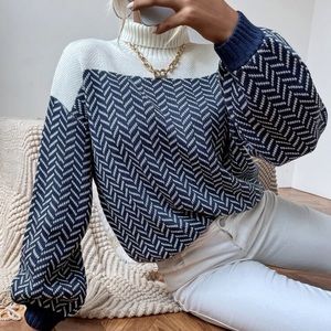 Turtleneck Chevron Pattern Lantern Sleeve Sweater